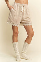 Davi & Dani Pearl Embellished and Lace Trim Shorts in Beige