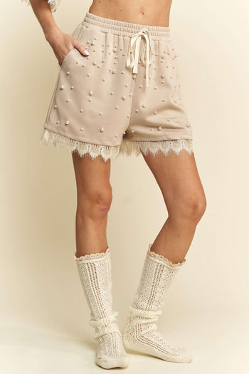 Davi & Dani Pearl Embellished and Lace Trim Shorts in Beige
