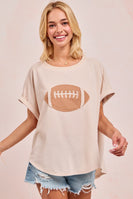 BiBi Solid Color Waffle Knit Top with Football Patch Front in Oatmeal