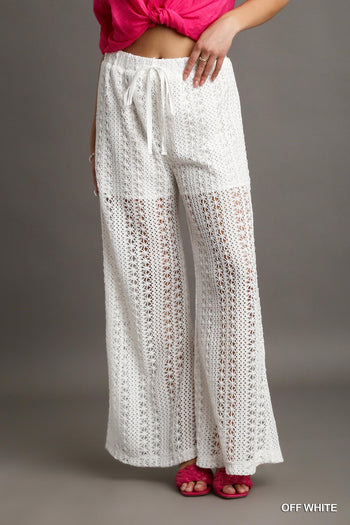 Umgee Crochet Lace Fabric Pants in Off White