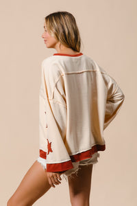 BiBi French Terry Top with Star Patched Sleeves in Oatmeal