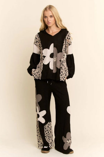Davi & Dani OVERSIZED Hooded Mixed Fabric Top with Flower Patch in Black Cream