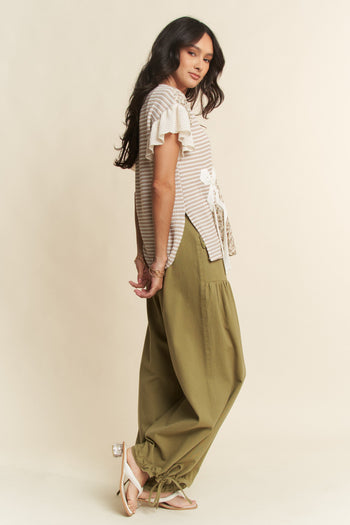 Davi & Dani Waffle Knit Color Block Mixed Print Top with Bow Details in Taupe Mocha