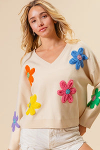 BiBi Crochet Flowers Patched Sweater in Oatmeal