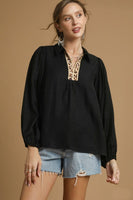 Umgee Solid Color Top with Contrasting Leopard Trim in Black