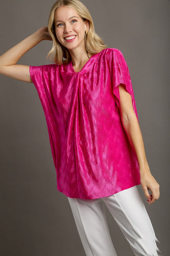 Umgee Satin Wave Texture Top with Tie Neck Detail & Short Batwing Sleeve in Magenta