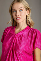 Umgee Satin Wave Texture Top with Tie Neck Detail & Short Batwing Sleeve in Magenta
