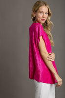 Umgee Satin Wave Texture Top with Tie Neck Detail & Short Batwing Sleeve in Magenta