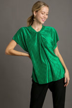 Load image into Gallery viewer, Umgee Satin Wave Texture Top with Tie Neck Detail &amp; Short Batwing Sleeve in Green
