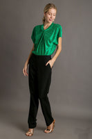 Umgee Satin Wave Texture Top with Tie Neck Detail & Short Batwing Sleeve in Green