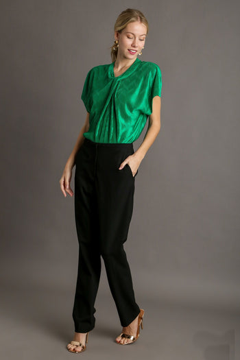 Umgee Satin Wave Texture Top with Tie Neck Detail & Short Batwing Sleeve in Green