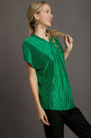 Umgee Satin Wave Texture Top with Tie Neck Detail & Short Batwing Sleeve in Green