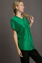 Load image into Gallery viewer, Umgee Satin Wave Texture Top with Tie Neck Detail &amp; Short Batwing Sleeve in Green
