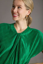 Load image into Gallery viewer, Umgee Satin Wave Texture Top with Tie Neck Detail &amp; Short Batwing Sleeve in Green
