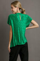 Umgee Satin Wave Texture Top with Tie Neck Detail & Short Batwing Sleeve in Green