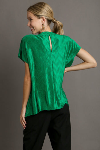 Umgee Satin Wave Texture Top with Tie Neck Detail & Short Batwing Sleeve in Green