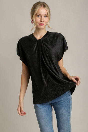 Umgee Satin Wave Texture Top with Tie Neck Detail & Short Batwing Sleeve in Black