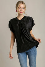 Load image into Gallery viewer, Umgee Satin Wave Texture Top with Tie Neck Detail &amp; Short Batwing Sleeve in Black
