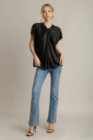 Umgee Satin Wave Texture Top with Tie Neck Detail & Short Batwing Sleeve in Black