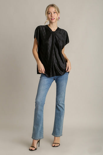 Umgee Satin Wave Texture Top with Tie Neck Detail & Short Batwing Sleeve in Black