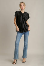 Load image into Gallery viewer, Umgee Satin Wave Texture Top with Tie Neck Detail &amp; Short Batwing Sleeve in Black
