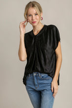 Load image into Gallery viewer, Umgee Satin Wave Texture Top with Tie Neck Detail &amp; Short Batwing Sleeve in Black
