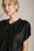 Umgee Satin Wave Texture Top with Tie Neck Detail & Short Batwing Sleeve in Black
