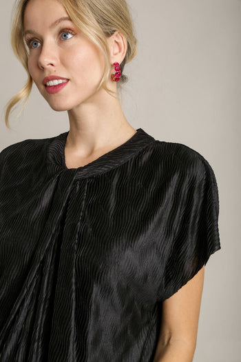 Umgee Satin Wave Texture Top with Tie Neck Detail & Short Batwing Sleeve in Black