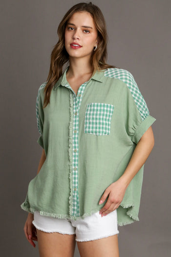 Umgee Solid Boxy Cut Linen Blend Checkered Button Down Collared Shirt with Fray Details in Sage