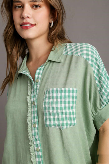 Umgee Solid Boxy Cut Linen Blend Checkered Button Down Collared Shirt with Fray Details in Sage