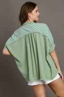 Umgee Solid Boxy Cut Linen Blend Checkered Button Down Collared Shirt with Fray Details in Sage