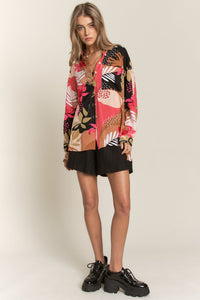 J.nna Multi Print Button Down Top in Clay Garden Shirts & Tops J.nna   