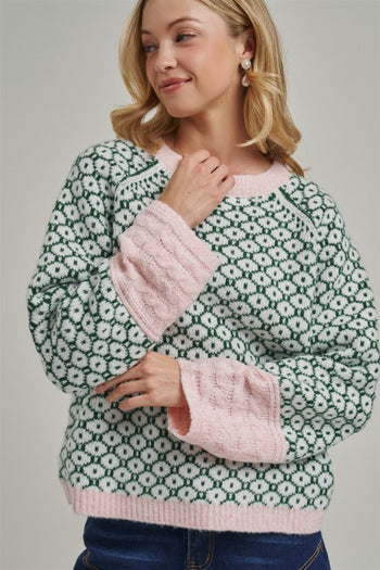 BON Soft Jacquard Geometric Sweater in Green/Blush