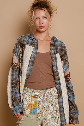 POL Mixed Print Hooded Button Down Top in Choco Multi