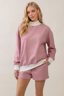 Veveret Mock Neck Striped Sweatshirt in Dusty Rose