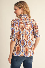 Load image into Gallery viewer, Jodifl Smocking Detail Boho Print Blouse in Off White/Blue
