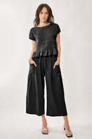 Davi & Dani Solid Color Top and Pants Set in Black