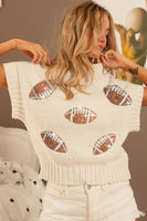 BiBi GAME DAY Solid Color Knit Sweater with Sequin Football Patches in Oatmeal