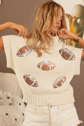 BiBi GAME DAY Solid Color Knit Sweater with Sequin Football Patches in Oatmeal