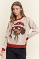 J.nna OVERSIZED Christmas Hat Dachshund Knit Sweater in Oatmeal Red