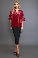 Umgee Velvet Split Neck Top with Floral Lace Sleeves in Wine
