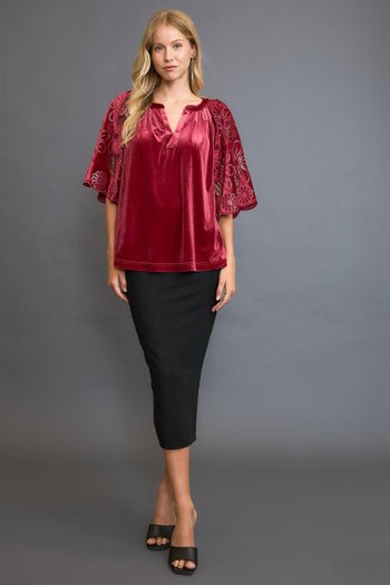 Umgee Velvet Split Neck Top with Floral Lace Sleeves in Wine