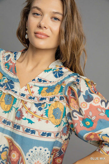 Umgee Border Print Dress in Blue Mix