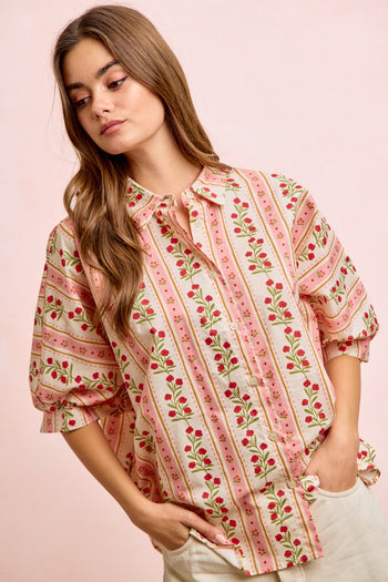 BiBi Bold Woven Striped Floral Print Button Down Top in Red