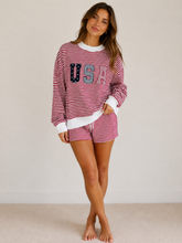 Load image into Gallery viewer, Le Lis Striped Mock Neck USA Patched Sweatshirt in Red-White Stripe
