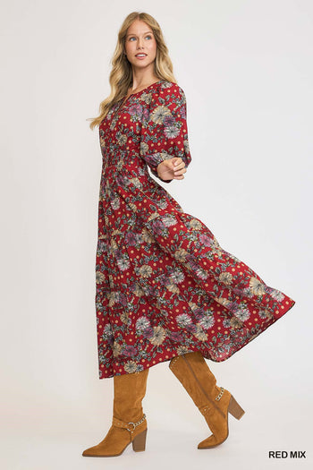 Umgee Floral Print Midi Dress in Red Mix