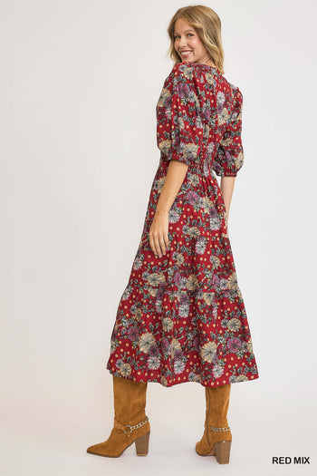 Umgee Floral Print Midi Dress in Red Mix