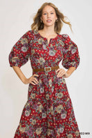 Umgee Floral Print Midi Dress in Red Mix