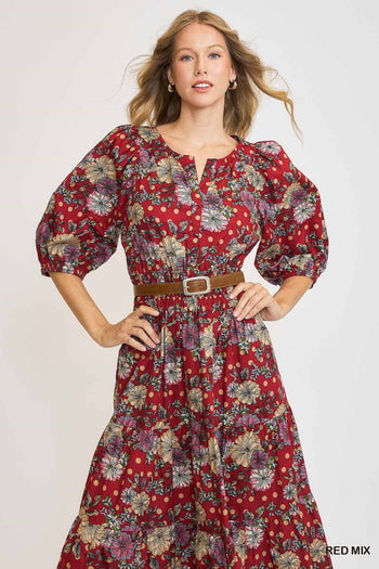 Umgee Floral Print Midi Dress in Red Mix