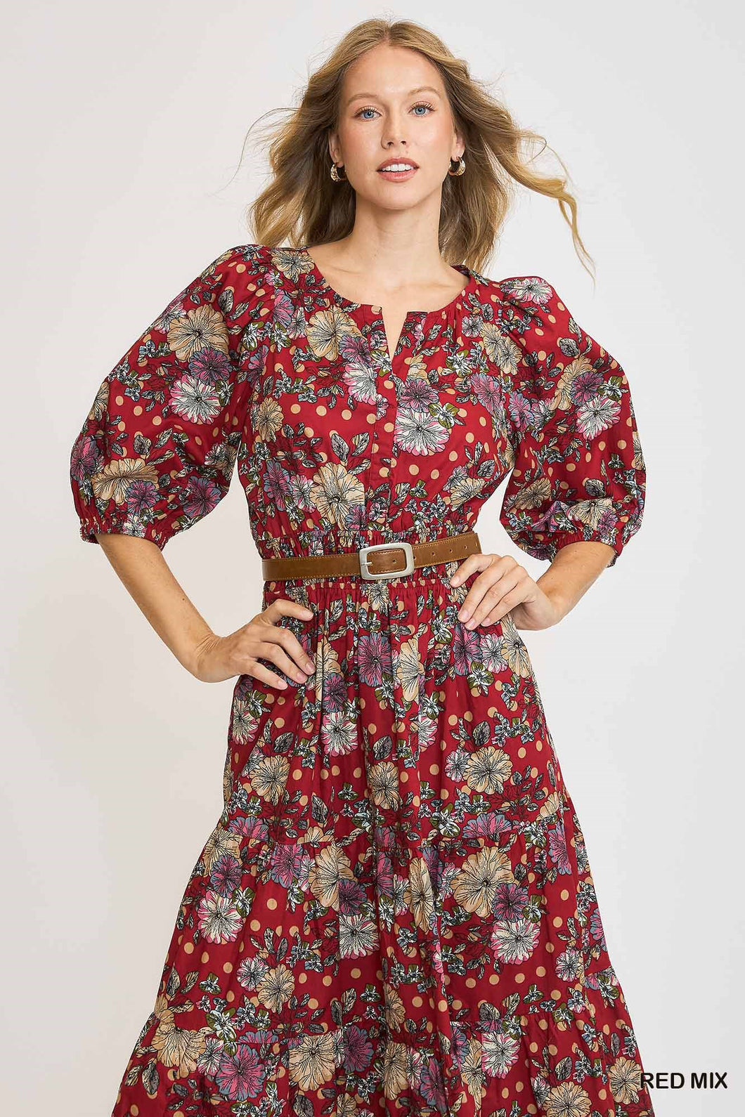 Umgee Floral Print Midi Dress in Red Mix
